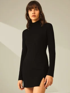 COMMENSE Turtleneck Long Sleeve Mini Dress with Slit and Ribbed Paneling* Black Dresses|Sweater Dresses