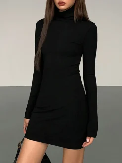 COMMENSE Turtleneck Open Back Long Sleeve Short Dress* Black Dresses|Casual Dresses