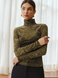 COMMENSE Turtleneck Semi-Sheer Velvet Top* T-shirts|Tops