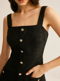 COMMENSE Tweed Breasted Tank Short Dress* Black Dresses|Casual Dresses
