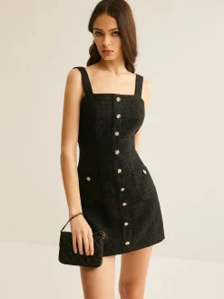 COMMENSE Tweed Breasted Tank Short Dress* Black Dresses|Casual Dresses