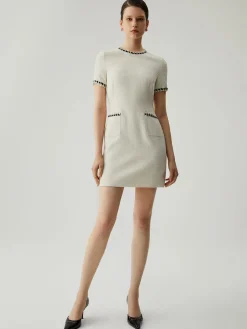 COMMENSE Tweed Contrast Trim Pocket Mini Dress* White Dresses|Casual Dresses