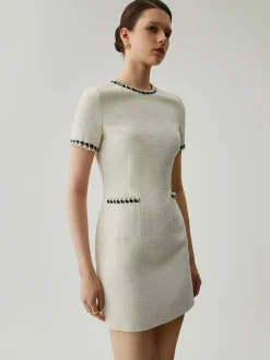 COMMENSE Tweed Contrast Trim Pocket Mini Dress* White Dresses|Casual Dresses