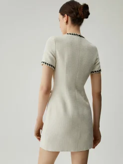 COMMENSE Tweed Contrast Trim Pocket Mini Dress* White Dresses|Casual Dresses