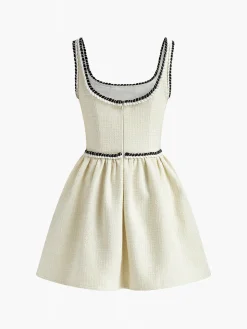 COMMENSE Tweed Pleated Strappy Dress* White Dresses|Casual Dresses