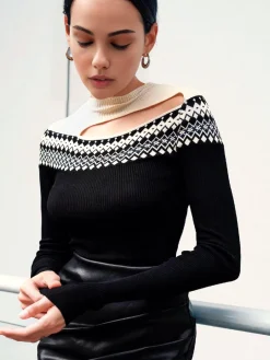 COMMENSE Two Tone Cutout Slim Sweater* Sweater Tops|Sweaters & Cardigans