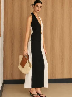 COMMENSE Two Tone Halter Knit Skirt Set* Skirt Sets|Long Sleeve Sets