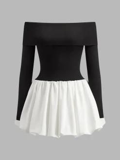 COMMENSE Two Tone Off Shoulder Bubble Short Dress* White Dresses|Casual Dresses