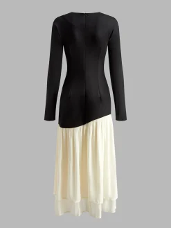 COMMENSE Two Tone Panel Pleated Dress* Black Dresses|Casual Dresses