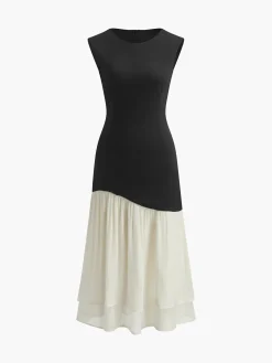 COMMENSE Two Tone Pleated Midi Dress* White Dresses|Casual Dresses