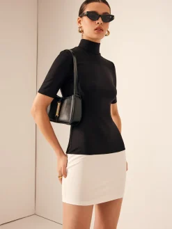 COMMENSE Two Tone Turtleneck Slim Short Dress* White Dresses|Casual Dresses