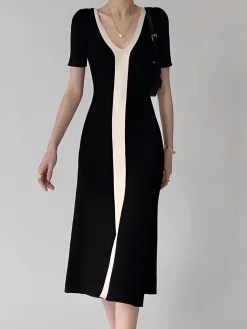 COMMENSE Two Tone V-Neck Knit Slit Midi Dress* Black Dresses|Sweater Dresses