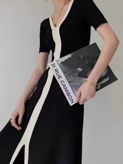 COMMENSE Two Tone V-Neck Knit Slit Midi Dress* Black Dresses|Sweater Dresses