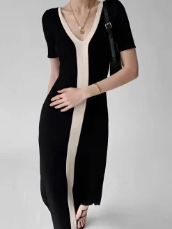 COMMENSE Two Tone V-Neck Knit Slit Midi Dress* Black Dresses|Sweater Dresses
