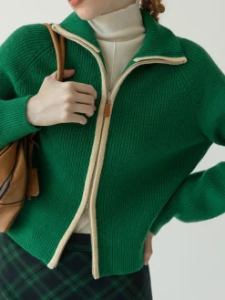COMMENSE Two Way Zip Contrast Trim Cardigan* Cardigans|Sweaters & Cardigans