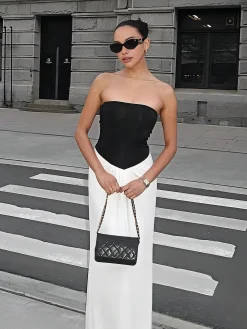 COMMENSE Two-Tone Backless Tube Long Dress* White Dresses|Casual Dresses