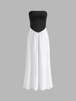 COMMENSE Two-Tone Backless Tube Long Dress* White Dresses|Casual Dresses