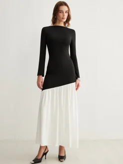 COMMENSE Two-Tone Chiffon Panel Jersey Pleated Dress* Black Dresses|Cocktail & Party Dresses