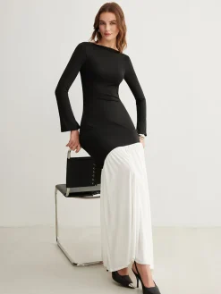 COMMENSE Two-Tone Chiffon Panel Jersey Pleated Dress* Black Dresses|Cocktail & Party Dresses