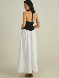COMMENSE Two-Tone Halter Long Dress* White Dresses|Casual Dresses