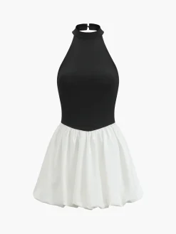 COMMENSE Two-Tone Halter Puff Short Dress* White Dresses|Work Dresses