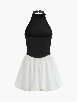 COMMENSE Two-Tone Halter Puff Short Dress* White Dresses|Work Dresses