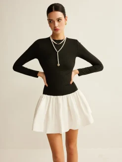 COMMENSE Two-Tone Panel Slim Dress* Black Dresses|Casual Dresses