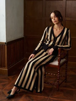 COMMENSE Two-Tone Pinstripe V-Neck Button Sweater Skirt Set* Knitwear|Matching Sets