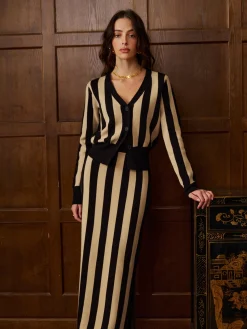 COMMENSE Two-Tone Pinstripe V-Neck Button Sweater Skirt Set* Knitwear|Matching Sets