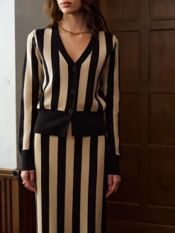 COMMENSE Two-Tone Pinstripe V-Neck Button Sweater Skirt Set* Knitwear|Matching Sets
