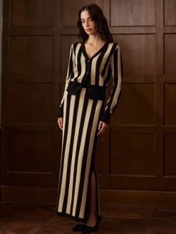 COMMENSE Two-Tone Pinstripe V-Neck Button Sweater Skirt Set* Knitwear|Matching Sets
