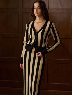 COMMENSE Two-Tone Pinstripe V-Neck Button Sweater Skirt Set* Knitwear|Matching Sets