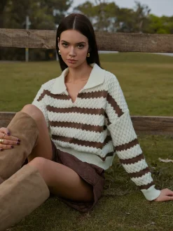 COMMENSE Two-Tone Striped Lapel Short Sweater* Knitwear|Matching Sets