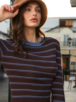 COMMENSE Two-Tone Striped Slim Sweater* Sweater Tops|Sweaters & Cardigans