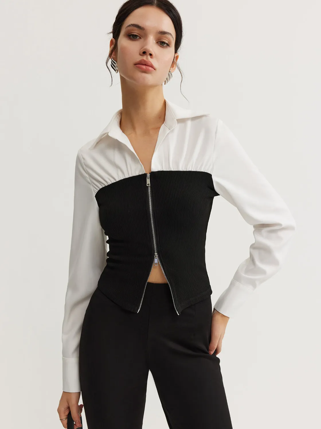 COMMENSE Two-Way Zip Color Block Polo Shirt* Blouses & Shirts|Tops