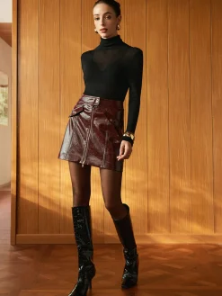 COMMENSE Two-Way Zip Faux Leather Skirt* Skirts|Bottoms