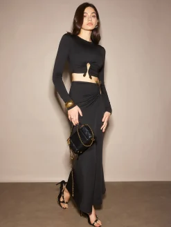 COMMENSE U-Ring Cutout Crop Skirt Set* Skirt Sets|Long Sleeve Sets