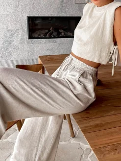 COMMENSE Utility Linen Two Piece Wide Leg Pants Set* Pants Sets|Wide Leg