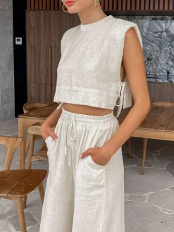 COMMENSE Utility Linen Two Piece Wide Leg Pants Set* Pants Sets|Wide Leg