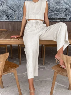 COMMENSE Utility Linen Two Piece Wide Leg Pants Set* Pants Sets|Wide Leg