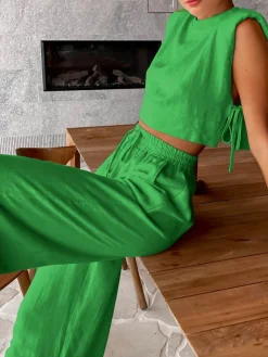 COMMENSE Utility Linen Two Piece Wide Leg Pants Set* Pants Sets|Wide Leg