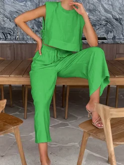 COMMENSE Utility Linen Two Piece Wide Leg Pants Set* Pants Sets|Wide Leg