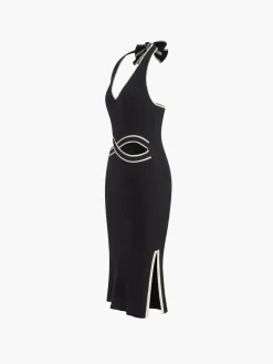 COMMENSE V Neck Halter Split Knit Dress* White Dresses|Sweater Dresses