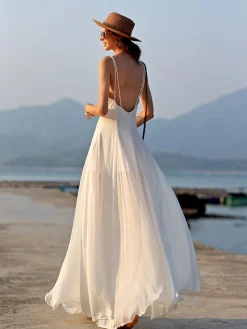 COMMENSE Vacay V-Neck Backless Cami Long Dress* White Dresses|Vacation Dresses