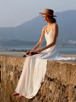 COMMENSE Vacay V-Neck Backless Cami Long Dress* White Dresses|Vacation Dresses