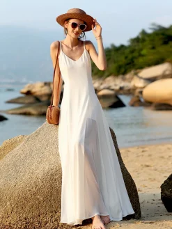 COMMENSE Vacay V-Neck Backless Cami Long Dress* White Dresses|Vacation Dresses