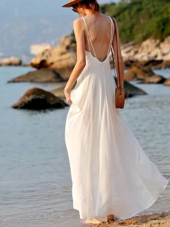 COMMENSE Vacay V-Neck Backless Cami Long Dress* White Dresses|Vacation Dresses