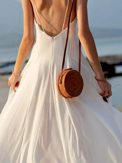 COMMENSE Vacay V-Neck Backless Cami Long Dress* White Dresses|Vacation Dresses
