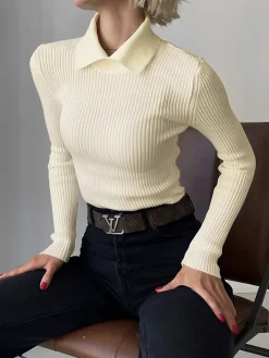 COMMENSE Vanilla Polo Long Sleeve Knit Top* Sweater Tops|Sweaters & Cardigans