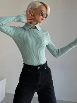COMMENSE Vanilla Polo Long Sleeve Knit Top* Sweater Tops|Sweaters & Cardigans